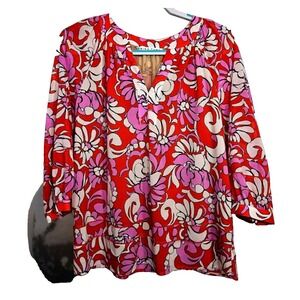 Trina Turk Top Small Silk Red Purple Floral Tropical Vacation Cruise Flowy